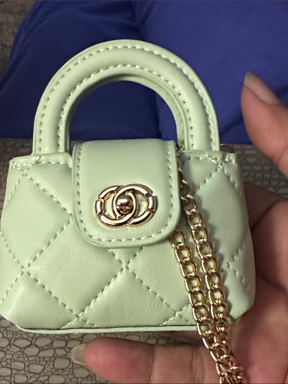 Mint Quilted Mini Crossbody Handbag with Gold Chain